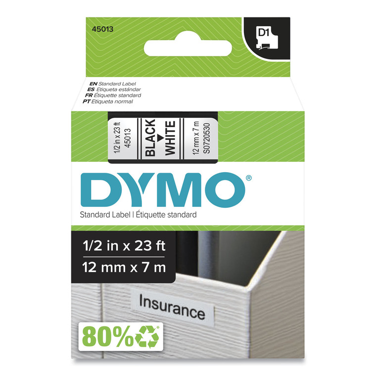 D1 High-Performance Polyester Removable Label Tape, 0.5" X 23 Ft, Black On White - DYM45013