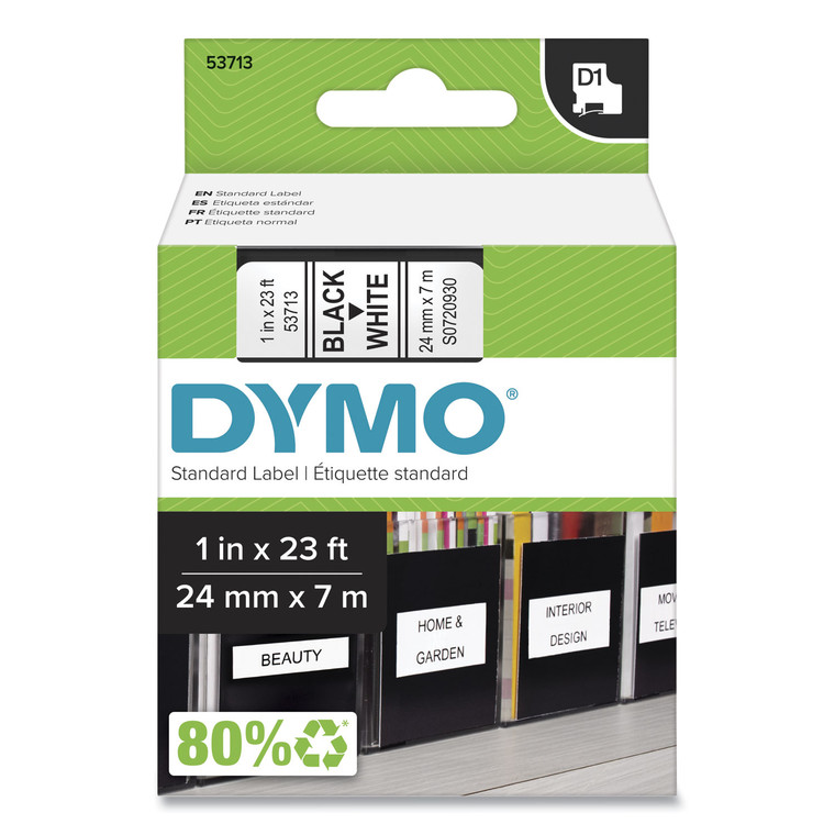 D1 High-Performance Polyester Removable Label Tape, 1" X 23 Ft, Black On White - DYM53713