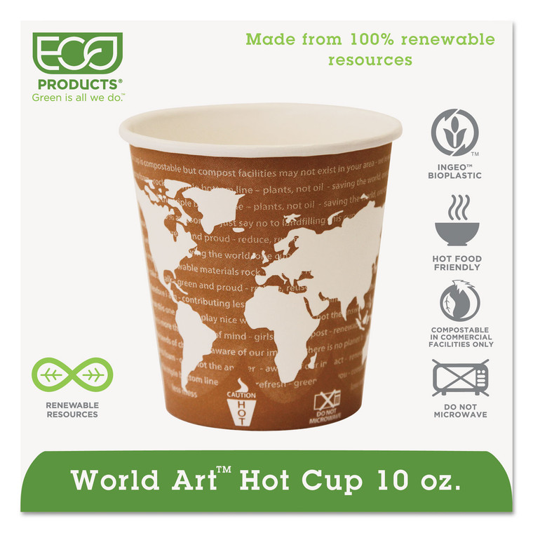 World Art Renewable And Compostable Hot Cups, 10 Oz, 50/pack, 20 Packs/carton - ECOEPBHC10WA