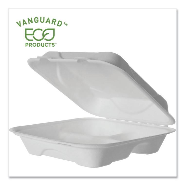 Vanguard Renewable And Compostable Sugarcane Clamshells, 3-Compartment, 9 X 9 X 3, White, 200/carton - ECOEPHC93NFA