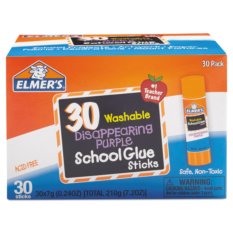 Washable School Glue Sticks, 0.24 Oz, Applies Purple, Dries Clear, 30/box - EPIE555