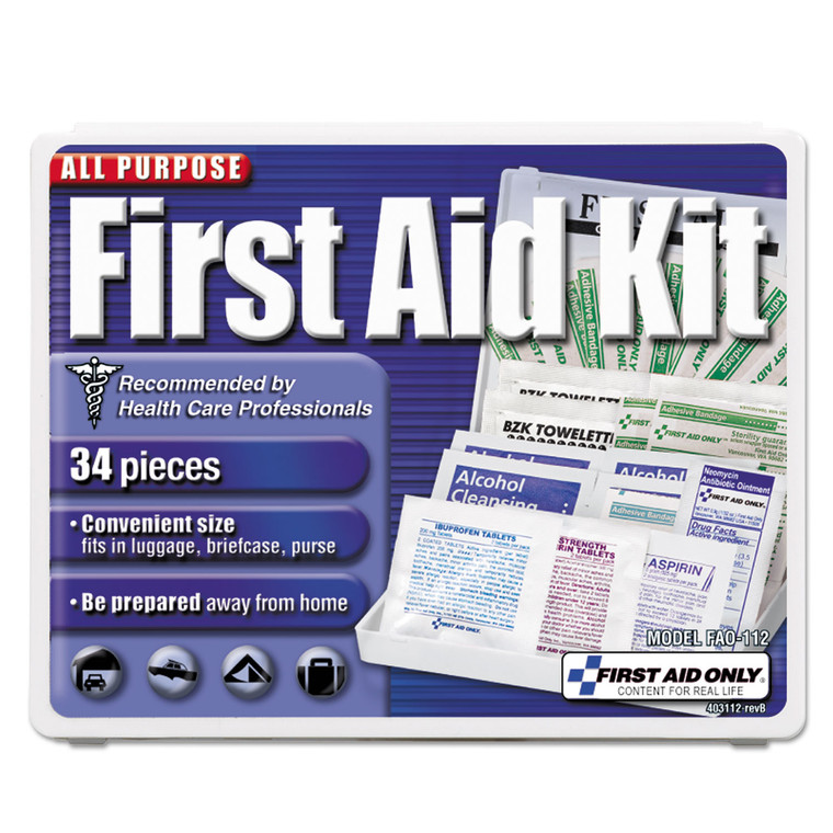 All-Purpose First Aid Kit, 34 Pieces, 3.74 X 4.75, 34 Pieces, Plastic Case - FAO112