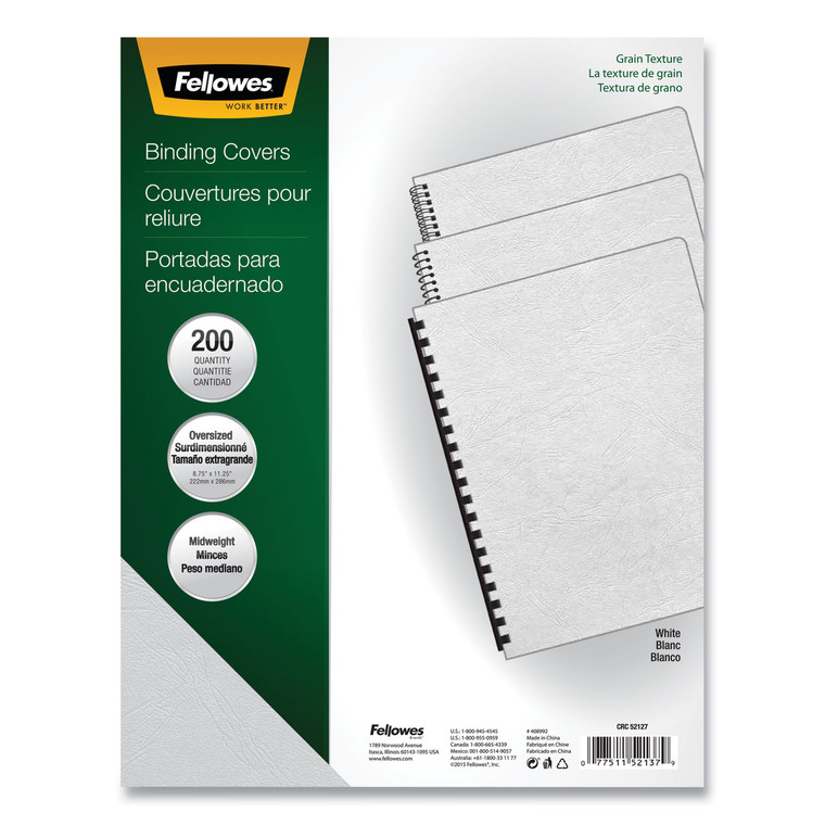 Classic Grain Texture Binding System Covers, 11-1/4 X 8-3/4, White, 200/pack - FEL52137