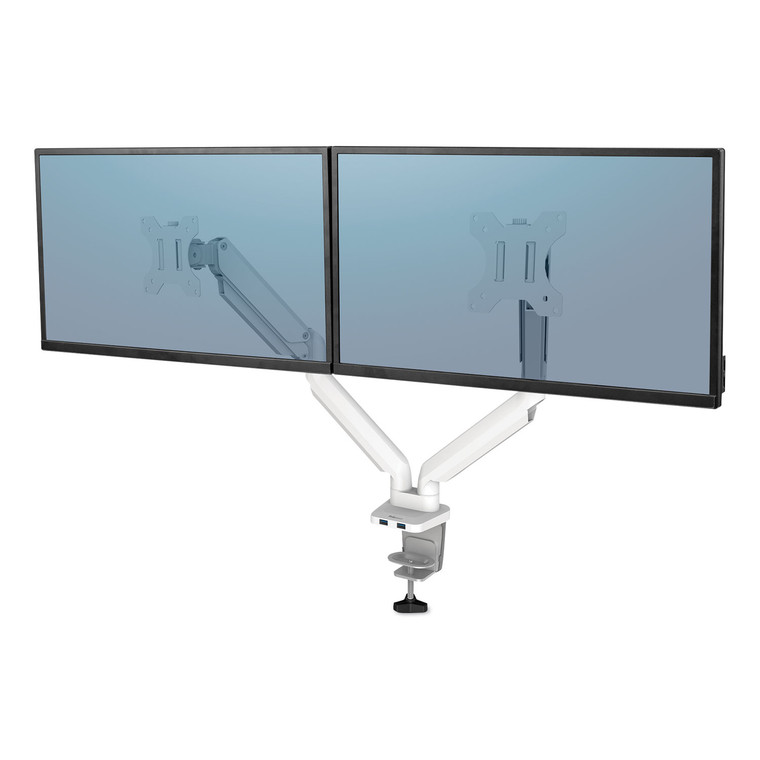 Platinum Series Dual Monitor Arm, For 27" Monitors, 360 Deg Rotation, 45 Deg Tilt, 180 Deg Pan, White, Supports 20 Lb - FEL8056301