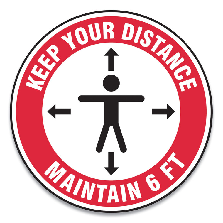 Slip-Gard Social Distance Floor Signs, 12" Circle, "keep Your Distance Maintain 6 Ft", Human/arrows, Red/white, 25/pack - GN1MFS345ESP