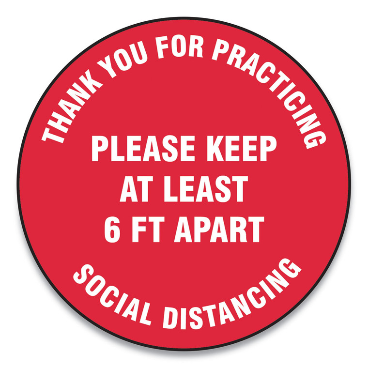 Slip-Gard Floor Signs, 12" Circle, "thank You For Practicing Social Distancing Please Keep At Least 6 Ft Apart", Red, 25/pack - GN1MFS422ESP