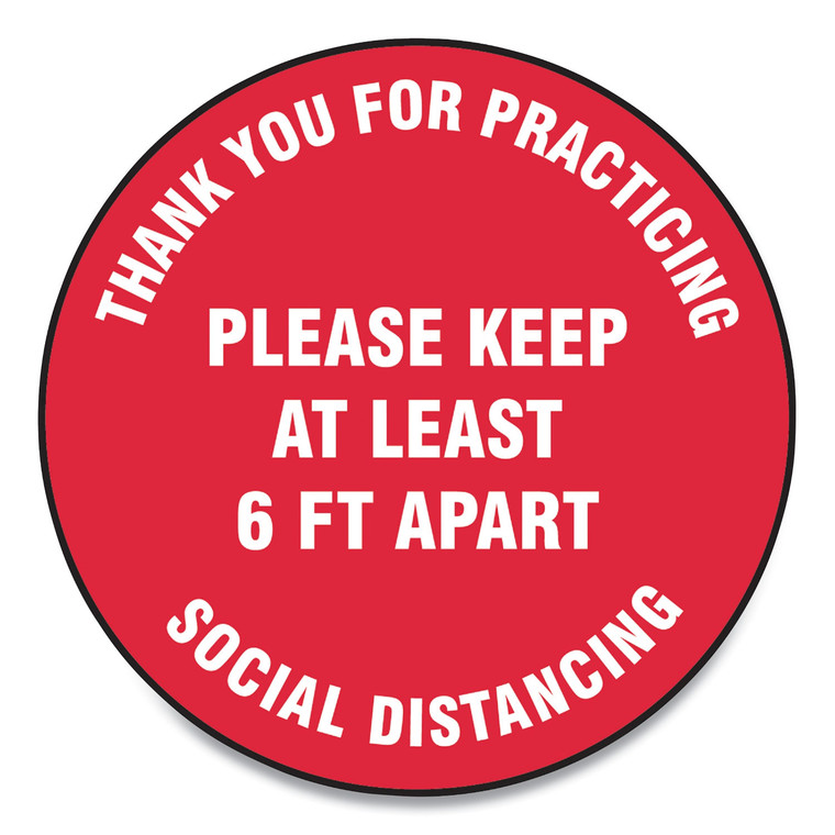 Slip-Gard Floor Signs, 17" Circle, "thank You For Practicing Social Distancing Please Keep At Least 6 Ft Apart", Red, 25/pack - GN1MFS423ESP