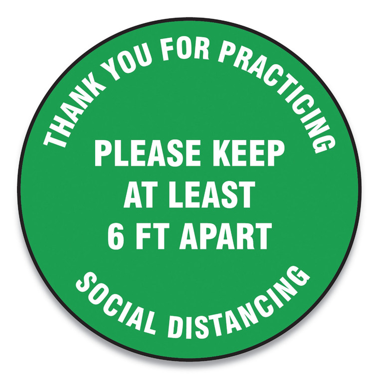 Slip-Gard Floor Signs, 12" Circle, "thank You For Practicing Social Distancing Please Keep At Least 6 Ft Apart", Green, 25/pk - GN1MFS424ESP