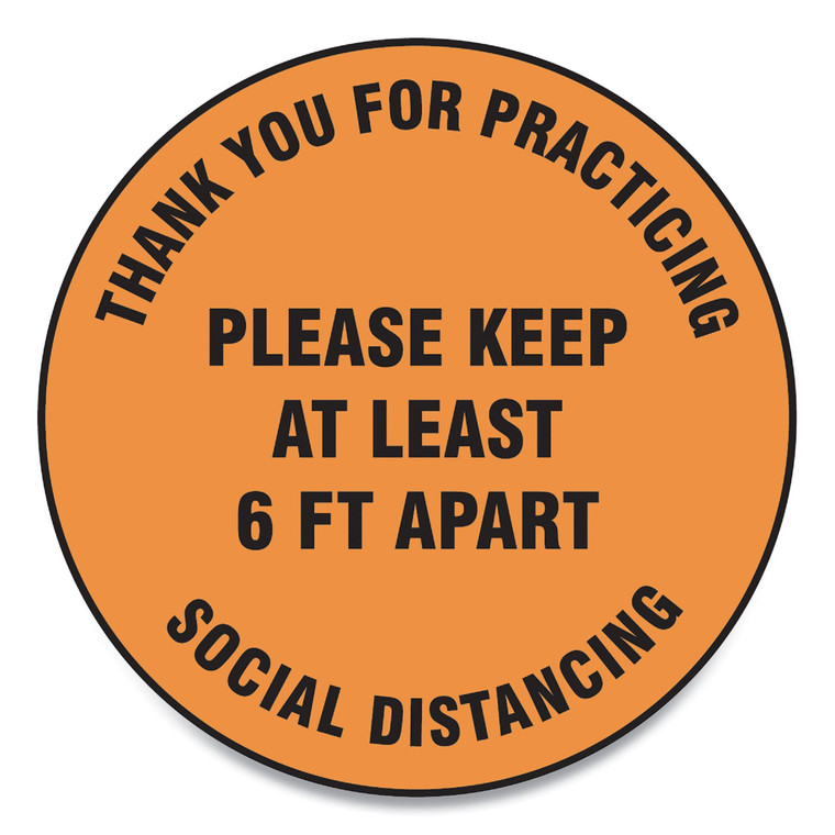 Slip-Gard Floor Signs, 12" Circle,"thank You For Practicing Social Distancing Please Keep At Least 6 Ft Apart", Orange, 25/pk - GN1MFS428ESP