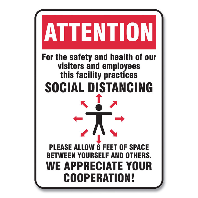 Social Distance Signs, Wall, 7 X 10, Visitors And Employees Distancing, Humans/arrows, Red/white, 10/pack - GN1MGNG902VPESP