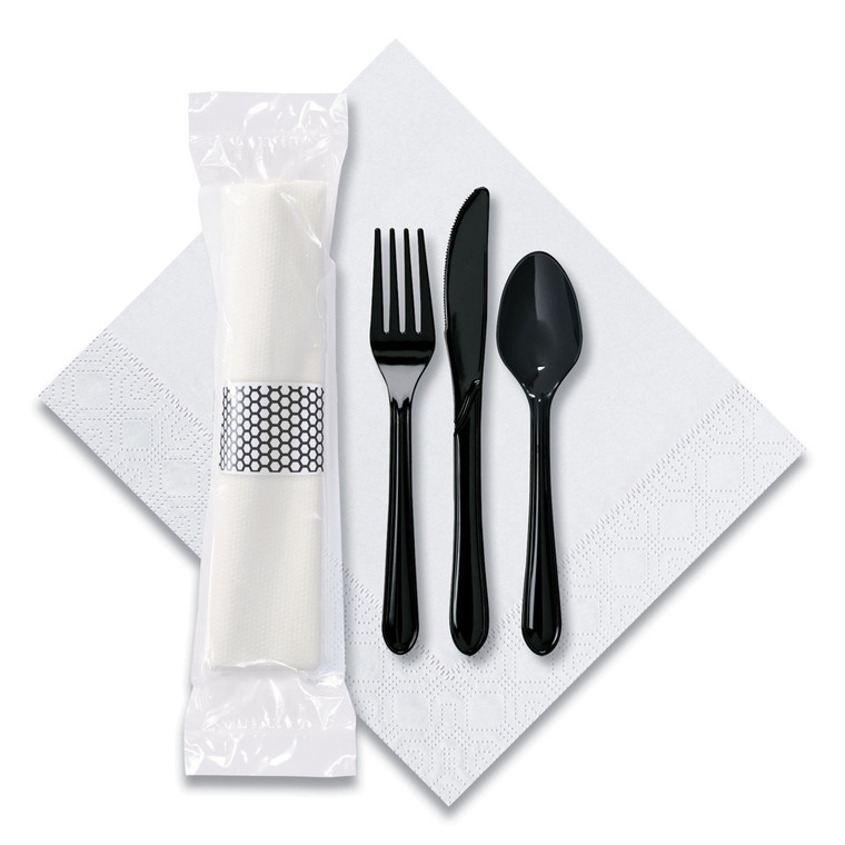 Caterwrap Cater To Go Express Cutlery Kit, Fork/knife/spoon/napkin, Black, 100/carton - HFM119901