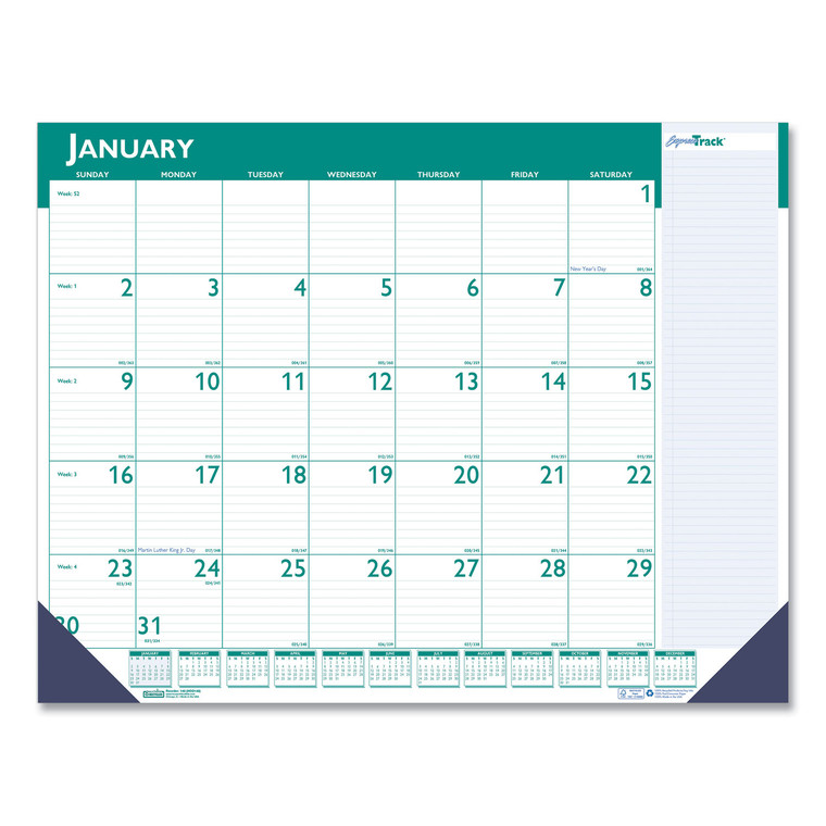 Express Track Monthly Desk Pad Calendar, 22 X 17, White/teal Sheets, Teal Binding, Blue Corners, 13-Month(jan-Jan): 2022-2023 - HOD148