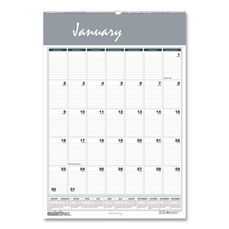 Bar Harbor Recycled Wirebound Monthly Wall Calendar, 12 X 17, White/blue/gray Sheets, 12-Month (jan-Dec): 2022 - HOD332