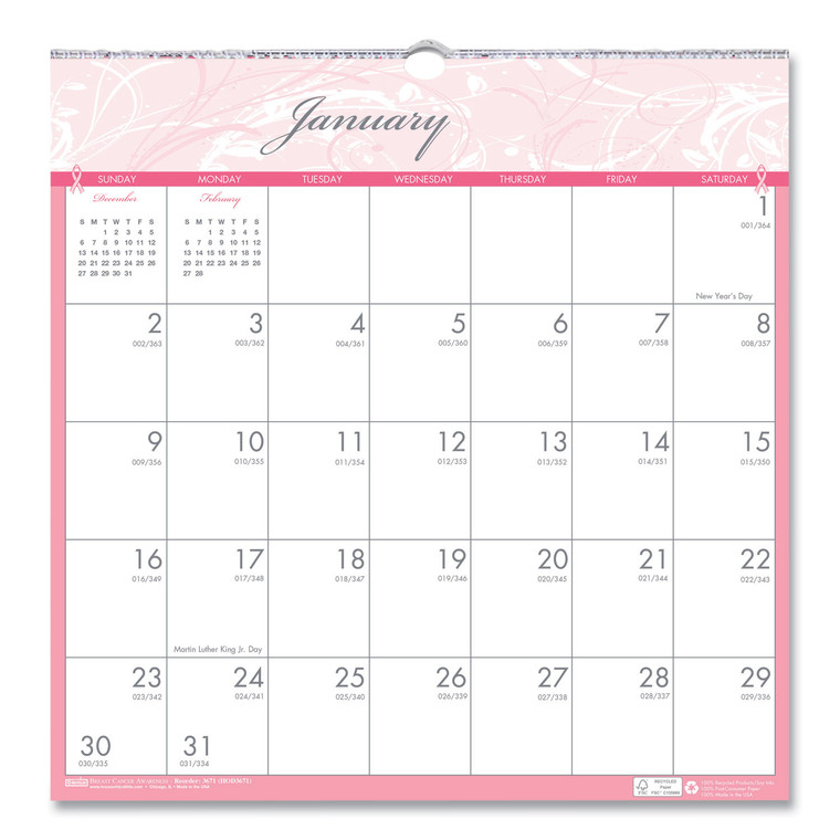Recycled Monthly Wall Calendar, Breast Cancer Awareness Artwork, 12 X 12, White/pink/gray Sheets, 12-Month (jan-Dec): 2022 - HOD3671