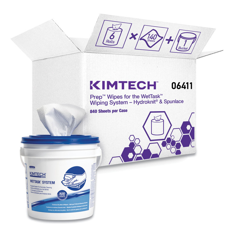 Wettask System Prep Wipers For Bleach/disinfectants/sanitizers Hygienic Enclosed System, Bucket Included, 140/roll,6 Rolls/ct - KCC0641103