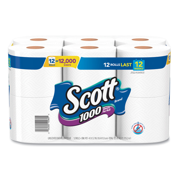 Toilet Paper, Septic Safe, 1-Ply, White, 1000 Sheets/roll, 12 Rolls/pack, 4 Pack/carton - KCC10060