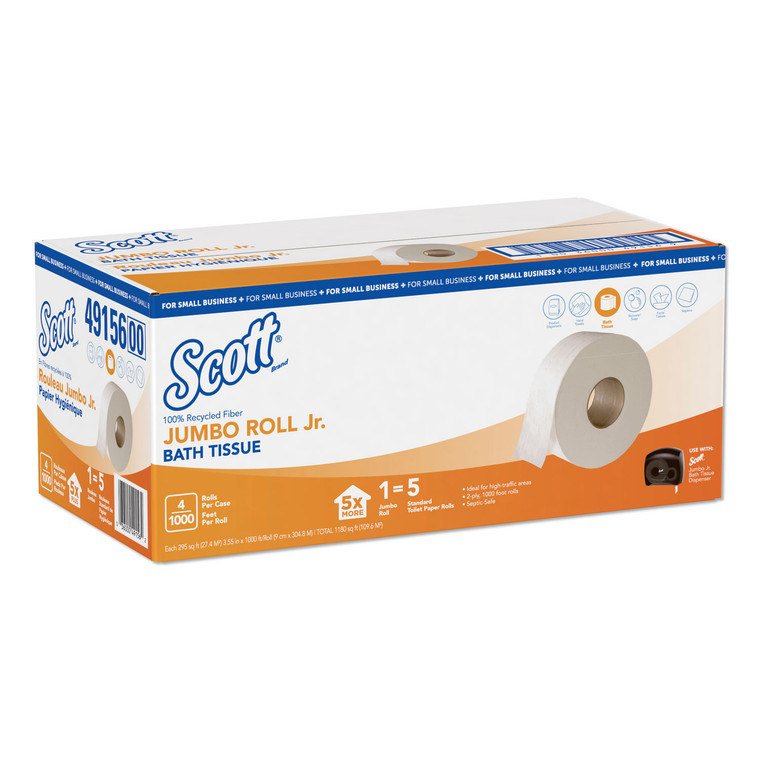 Essential 100% Recycled Fiber Jrt Bathroom Tissue, Septic Safe, 2-Ply, White, 1000 Ft, 4 Rolls/carton - KCC49156