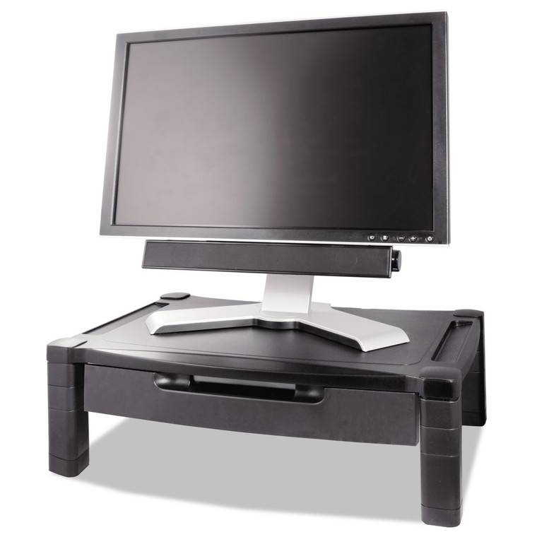 Wide Deluxe Two-Level Monitor Stand With Drawer, 20" X 13.25" X 3" To 6.5", Black, Supports 50 Lbs - KTKMS520