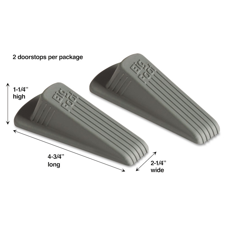 Big Foot Doorstop, No Slip Rubber Wedge, 2.25w X 4.75d X 1.25h, Gray, 2/pack - MAS00972