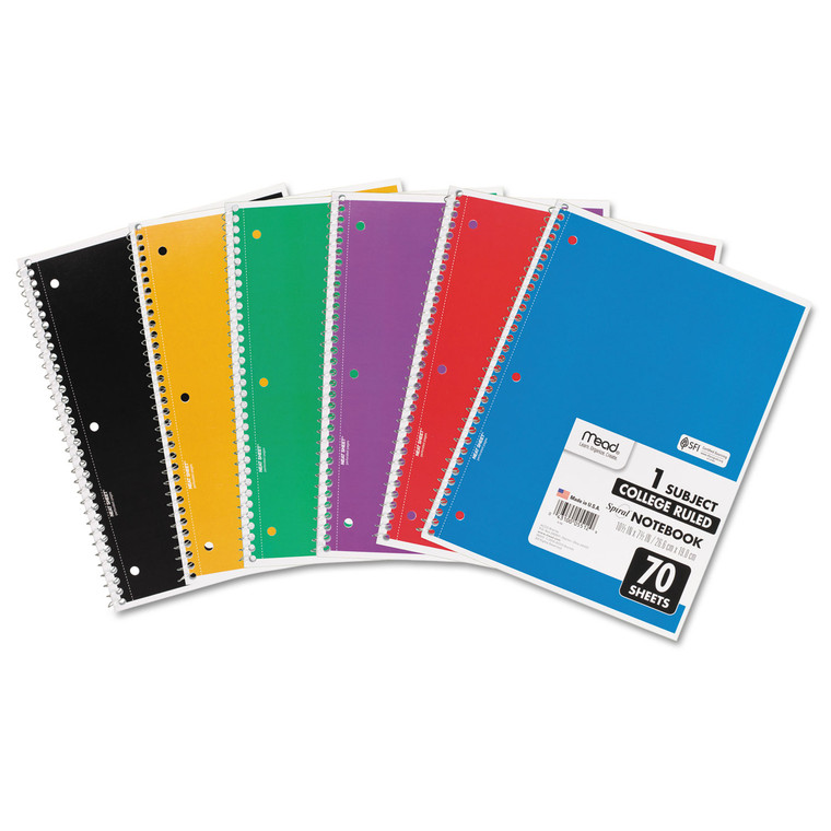 Spiral Notebook, 3-Hole Punched, 1 Subject, Medium/college Rule, Randomly Assorted Covers, 10.5 X 7.5, 70 Sheets - MEA05512