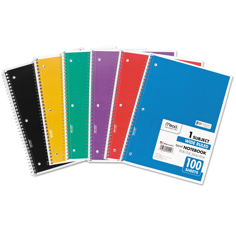 Spiral Notebook, 3-Hole Punched, 1 Subject, Wide/legal Rule, Randomly Assorted Covers, 10.5 X 7.5, 100 Sheets - MEA05514