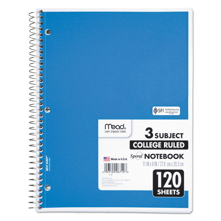 Spiral Notebook, 3 Subject, Medium/college Rule, Randomly Assorted Covers, 11 X 8, 120 Sheets - MEA06710