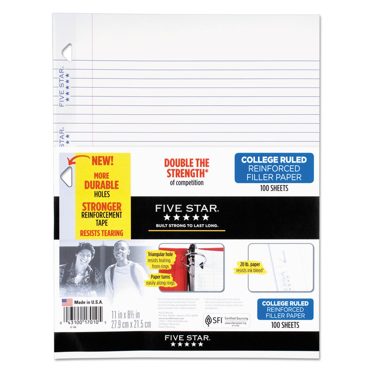 Reinforced Filler Paper, 3-Hole, 8.5 x 11, College Rule, 100/Pack - MEA17010