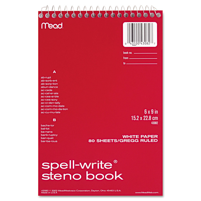 Spell-Write Wirebound Steno Pad, Gregg Rule, Randomly Assorted Cover Colors, 80 White 6 X 9 Sheets - MEA43082