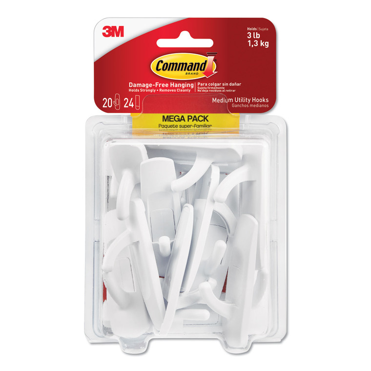 General Purpose Hooks, Medium, 3 Lb Cap, White, 20 Hooks And 24 Strips/pack - MMM17001MPES