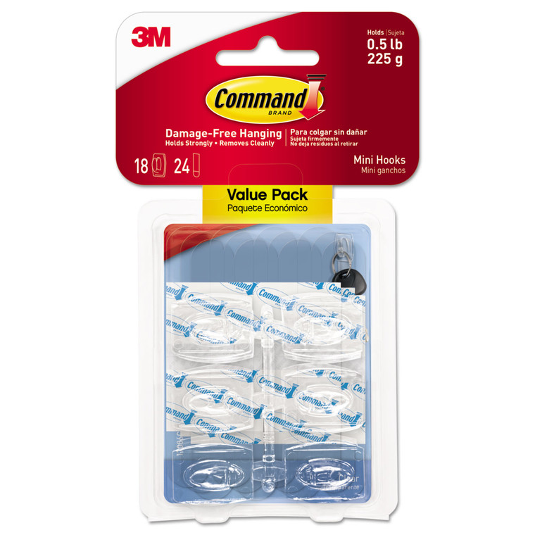 Clear Hooks And Strips, Plastic, Mini, 18 Hooks And 24 Strips/pack - MMM17006CLR18ES
