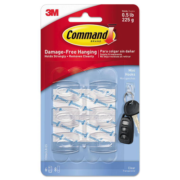 Clear Hooks And Strips, Plastic, Mini, 6 Hooks And 8 Strips/pack - MMM17006CLRES