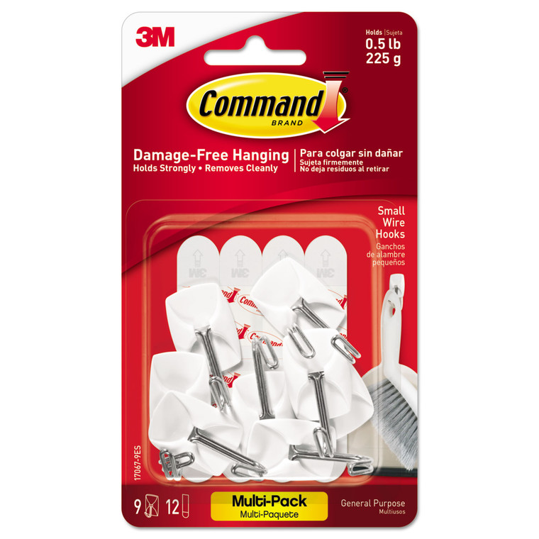 General Purpose Wire Hooks Multi-Pack, Small, 0.5 Lb Cap, White, 9 Hooks And 12 Strips/pack - MMM170679ES