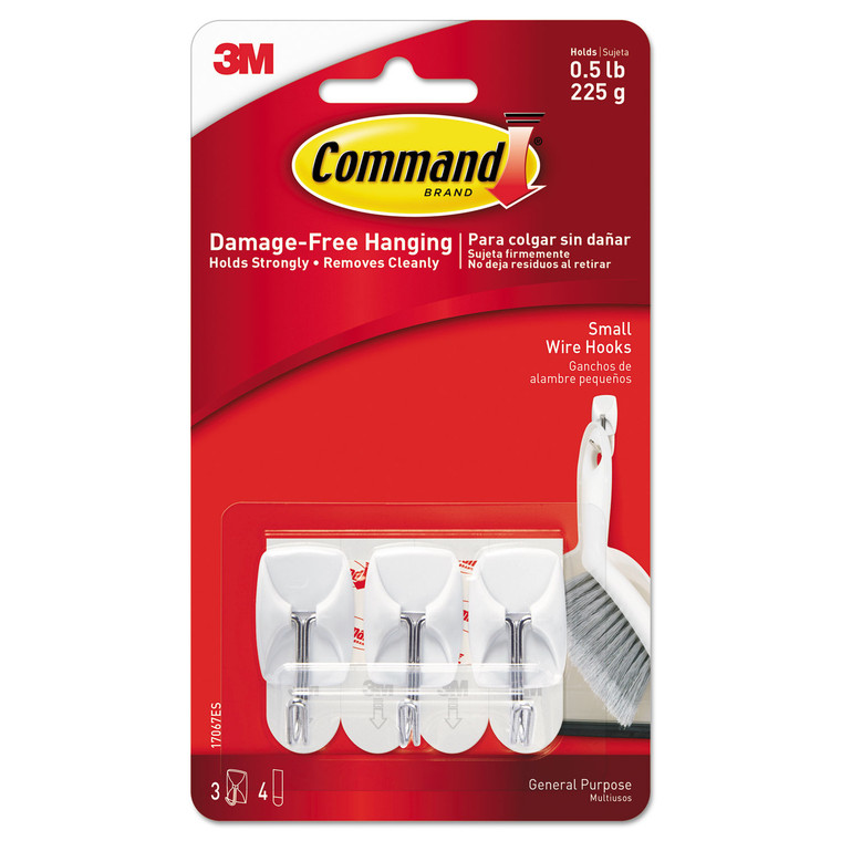 General Purpose Wire Hooks, Small, 0.5 Lb Cap, White, 3 Hooks And 6 Strips/pack - MMM17067ES