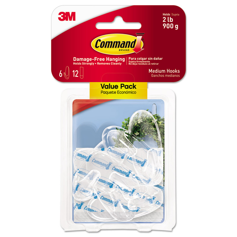 Clear Hooks And Strips, Plastic, Medium, 6 Hooks And 12 Strips/pack - MMM17091CLR6ES