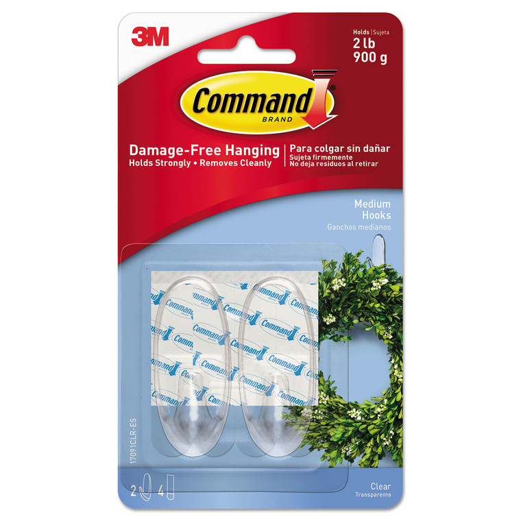 Clear Hooks And Strips, Plastic, Medium, 2 Hooks And 4 Strips/pack - MMM17091CLRES