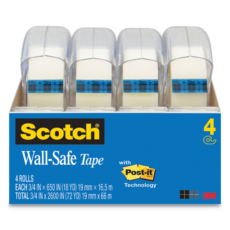 Wall-Safe Tape with Dispenser, 1" Core, 0.75" x 54.17 ft, Clear, 4/Pack - MMM4183