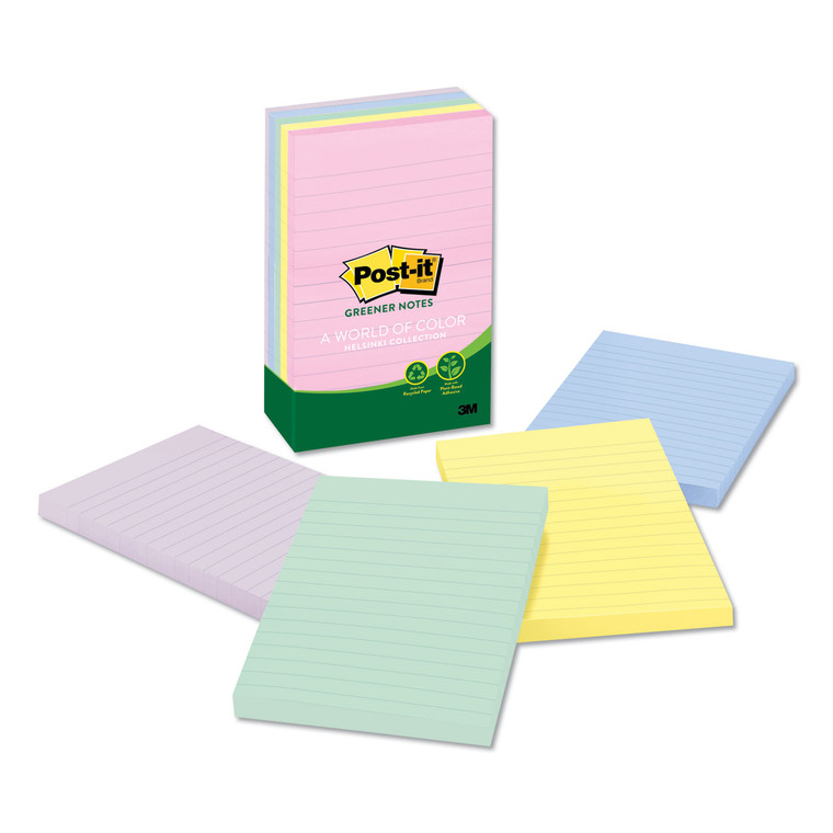 Recycled Note Pads, Lined, 4 X 6, Assorted Helsinki Colors, 100-Sheet, 5/pack - MMM660RPA