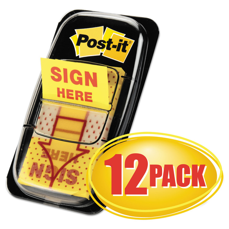 Arrow Message 1" Page Flags, Sign Here, Yellow, 50/dispenser, 12 Dispensers/pk - MMM680SH12