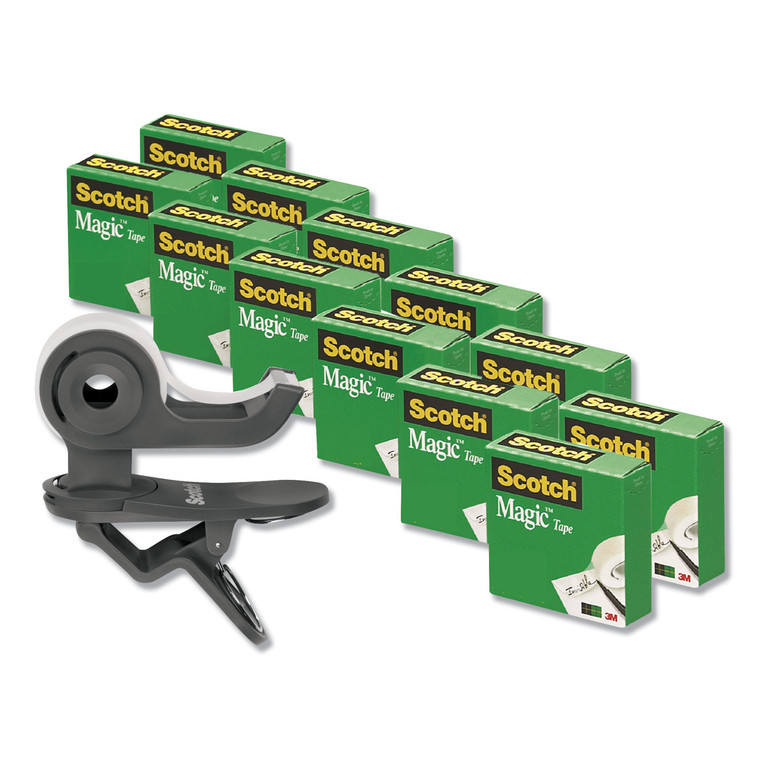 Clip Dispenser Value Pack With 12 Rolls Of Tape, 1" Core, Plastic, Charcoal - MMM810K12C19
