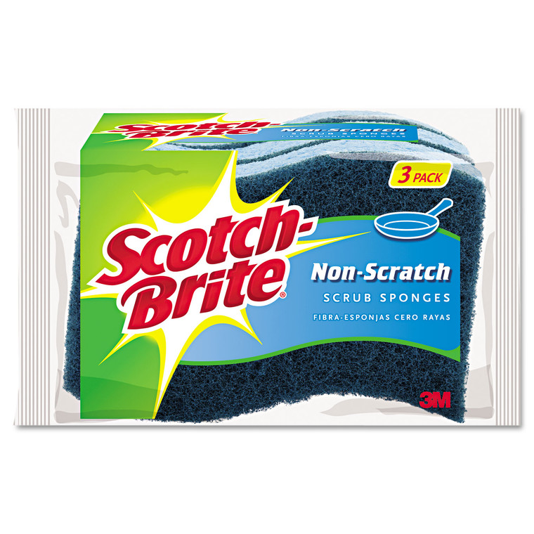 Non-Scratch Multi-Purpose Scrub Sponge, 4.4 X 2.6, 0.8" Thick, Blue, 3/pack - MMMMP38D