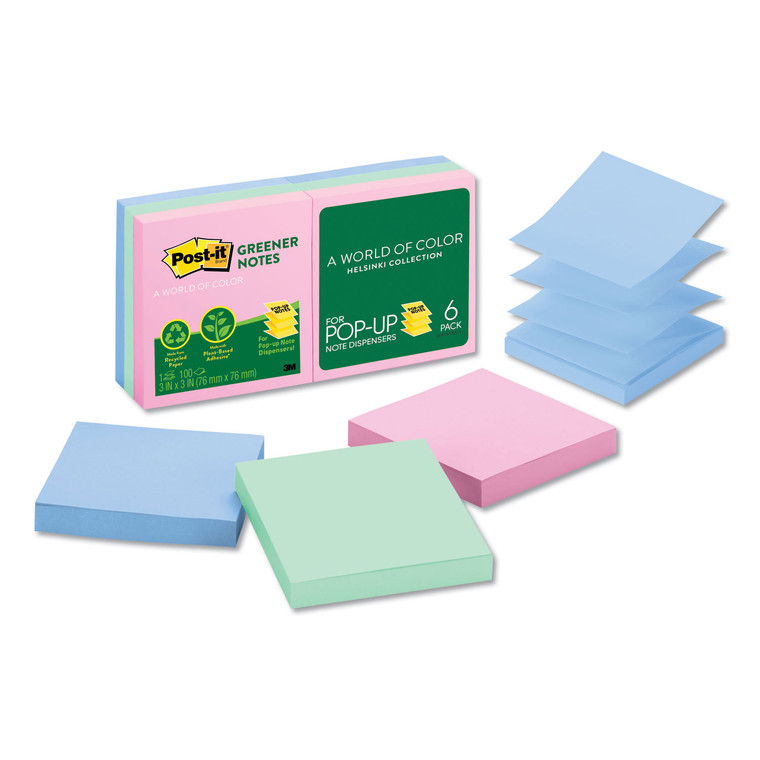 Recycled Pop-Up Notes, 3 X 3, Assorted Helsinki Colors, 100-Sheet, 6/pack - MMMR330RP6AP