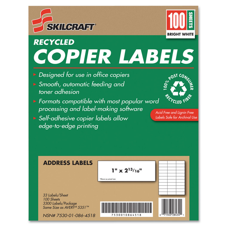 7530010864518 Skilcraft Recycled Copier Labels, Copiers, 1 X 2.81, White, 33/sheet, 100 Sheets/box - NSN0864518
