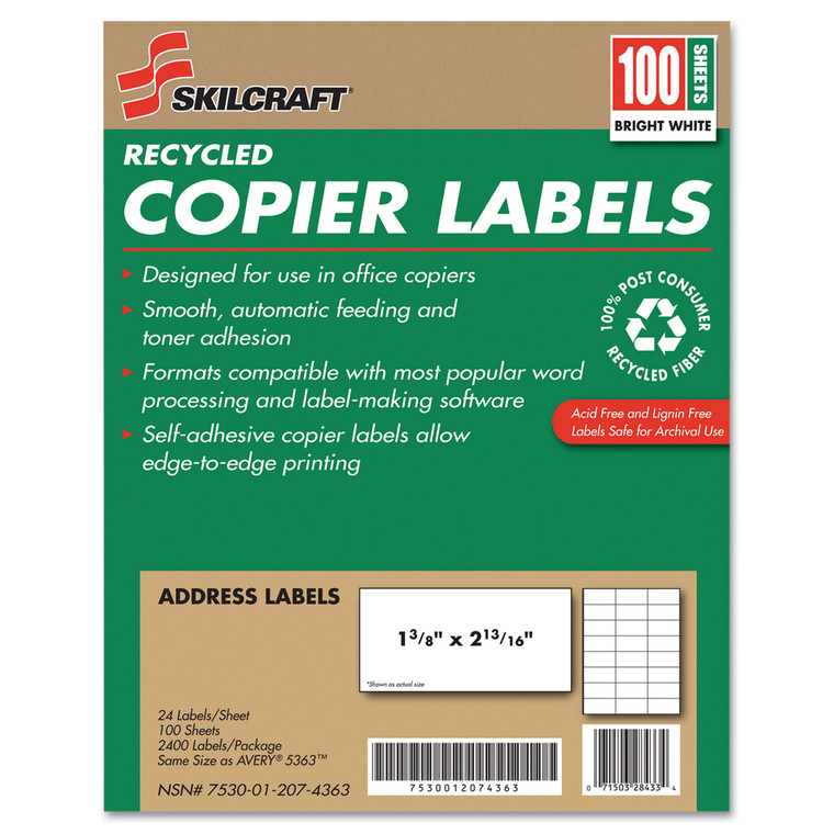 7530012074363 Skilcraft Recycled Copier Labels, Copiers, 1.38 X 2.81, White, 24/sheet, 100 Sheets/box - NSN2074363