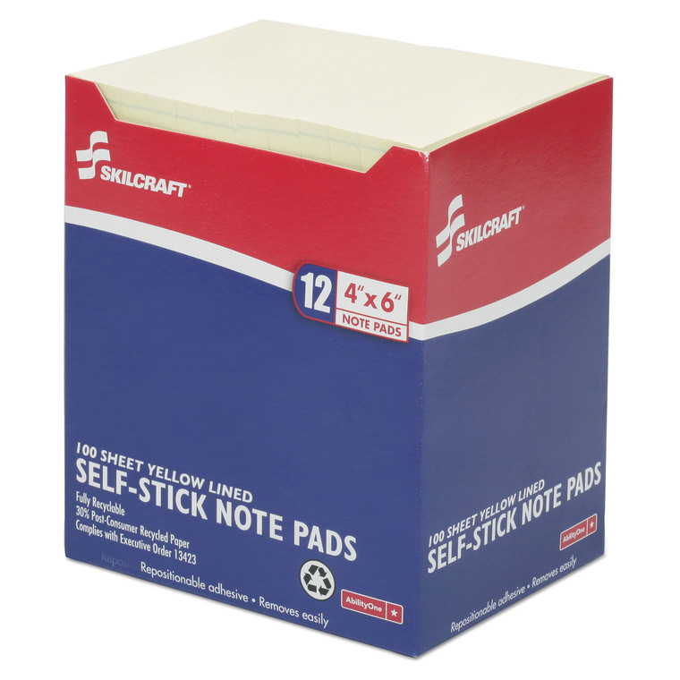 7530012733755 Skilcraft Self-Stick Note Pads, 4 X 6, Lined, Yellow, 100 Sheets, Dozen - NSN2733755