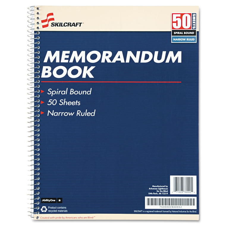 7530002866952 Skilcraft Spiralbound Memorandum Book, Medium/college Rule, Blue/white Cover, 11 X 8.5, 50 Sheets, 12/pack - NSN2866952