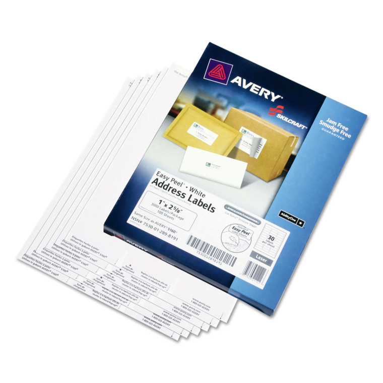 7530012898191 Skilcraft Laser Labels, Laser Printers, 1 X 2.63, White, 30/sheet, 100 Sheets/box - NSN2898191