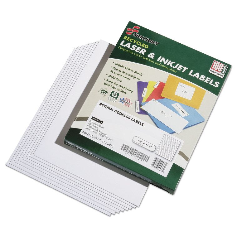 7530015144911 Skilcraft Recycled Laser And Inkjet Labels, Inkjet/laser Printers, 0.5 X 1.75, White, 80/sheet, 100 Sheets/box - NSN5144911