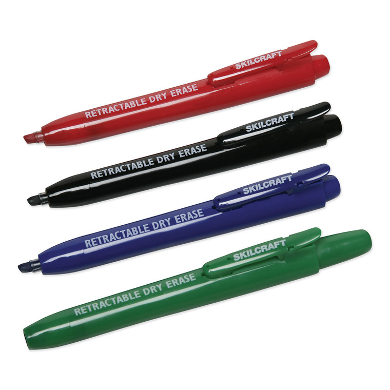 7520015195769 Skilcraft Retractable Chisel Tip Dry Erase Marker, Broad Chisel Tip, Assorted Colors, 4/set - NSN5195769