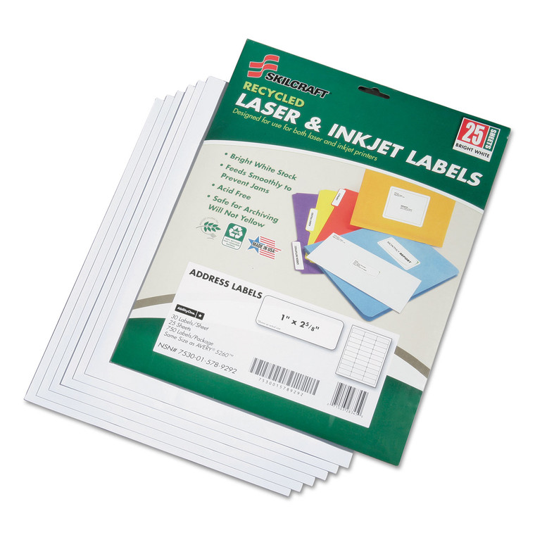 7530015789292 Skilcraft Recycled Laser And Inkjet Labels, Inkjet/laser Printers, 1 X 2.63, White, 30/sheet, 25 Sheets/pack - NSN5789292
