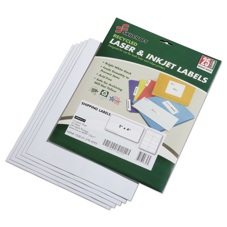 7530015789293 Skilcraft Recycled Laser And Inkjet Labels, Inkjet/laser Printers, 2 X 4, White, 10/sheet, 25 Sheets/pack - NSN5789293